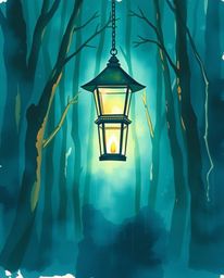 A captivating artwork depicting a glowing lantern illuminating a dark forest, rendered in a delicate watercolor style. The ri