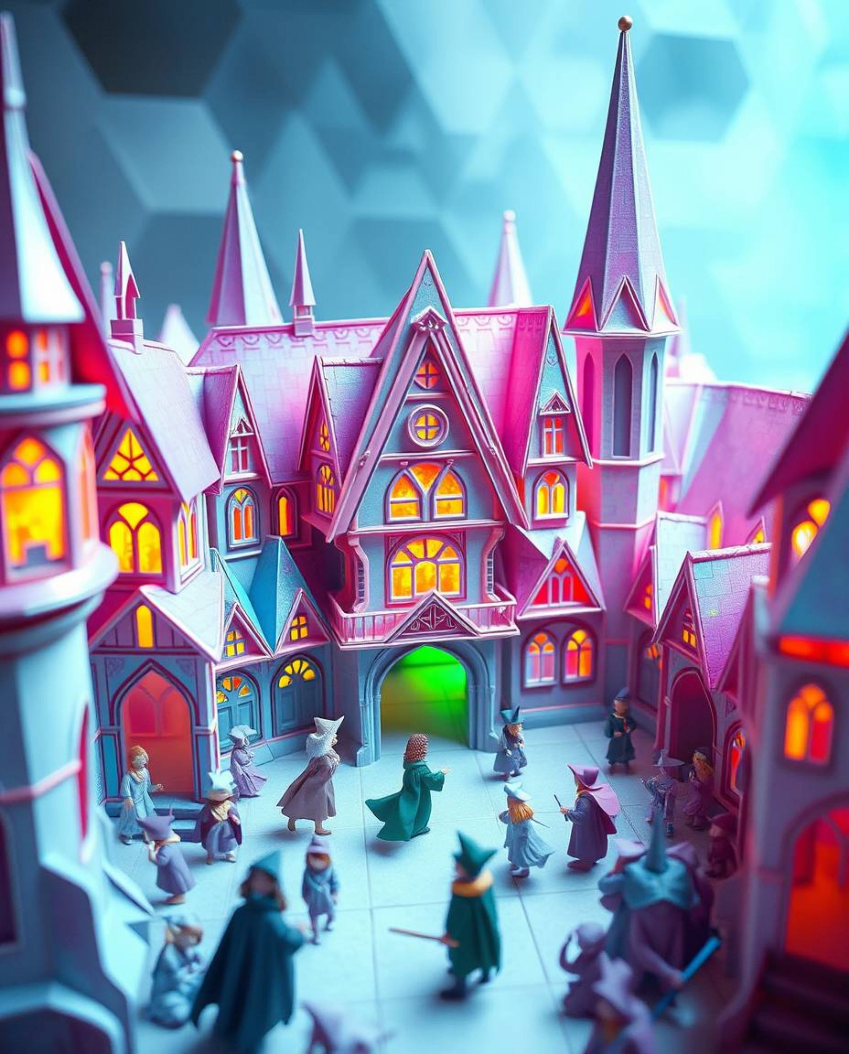 Explore a magical school crafted in the intricate style of origami, brimming with young wizards honing their skills. Iridesce