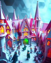 Explore a magical school crafted in the intricate style of origami, brimming with young wizards honing their skills. Iridesce