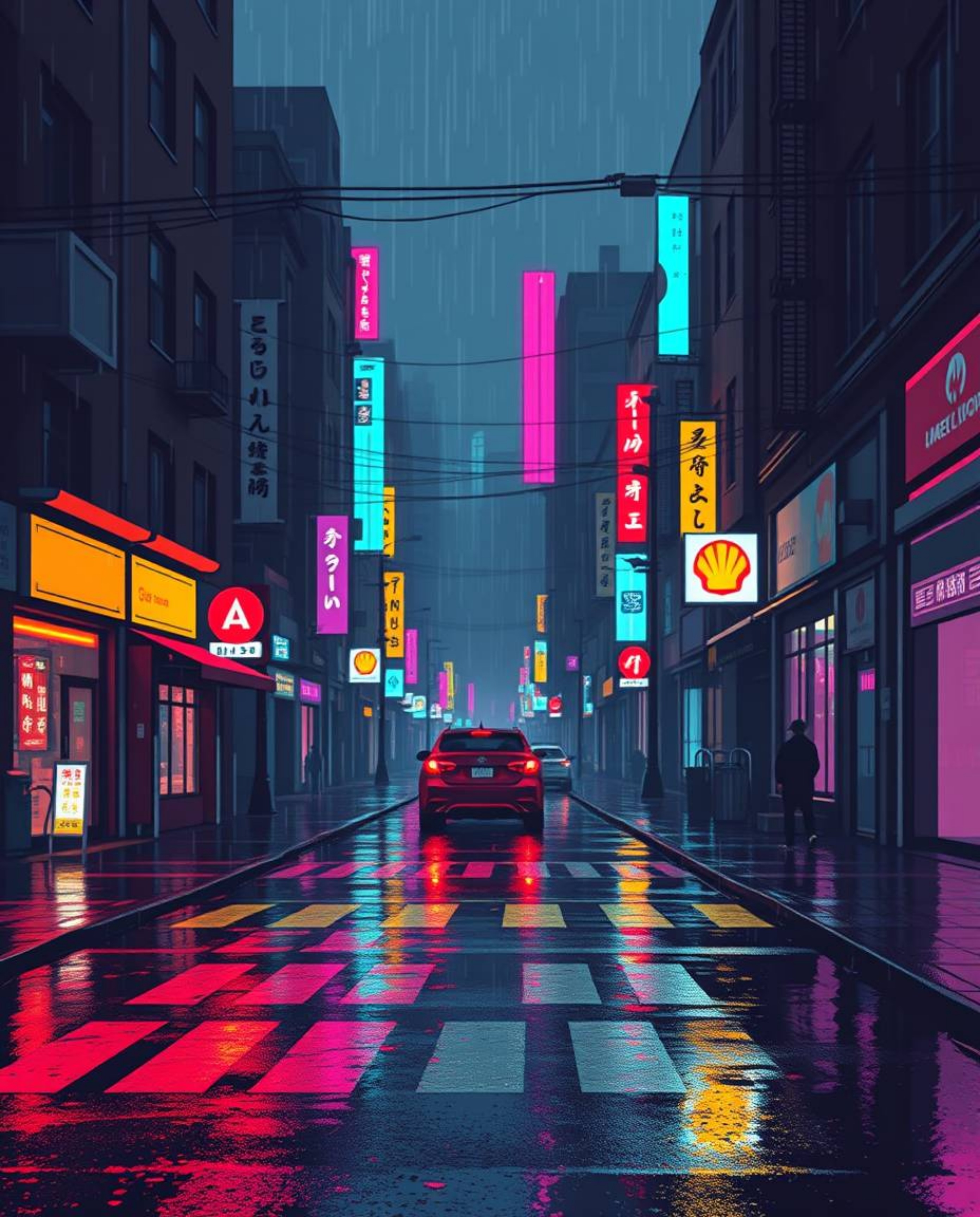 A captivating pixelated glitch image showcases a modern cyberpunk street scene bathed in neon haze. The artwork features a we