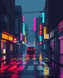 A captivating pixelated glitch image showcases a modern cyberpunk street scene bathed in neon haze. The artwork features a we