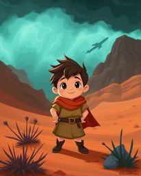 A charming and brave hero embarks on a thrilling desert adventure in this Disney-style illustration.  Experience intense dram