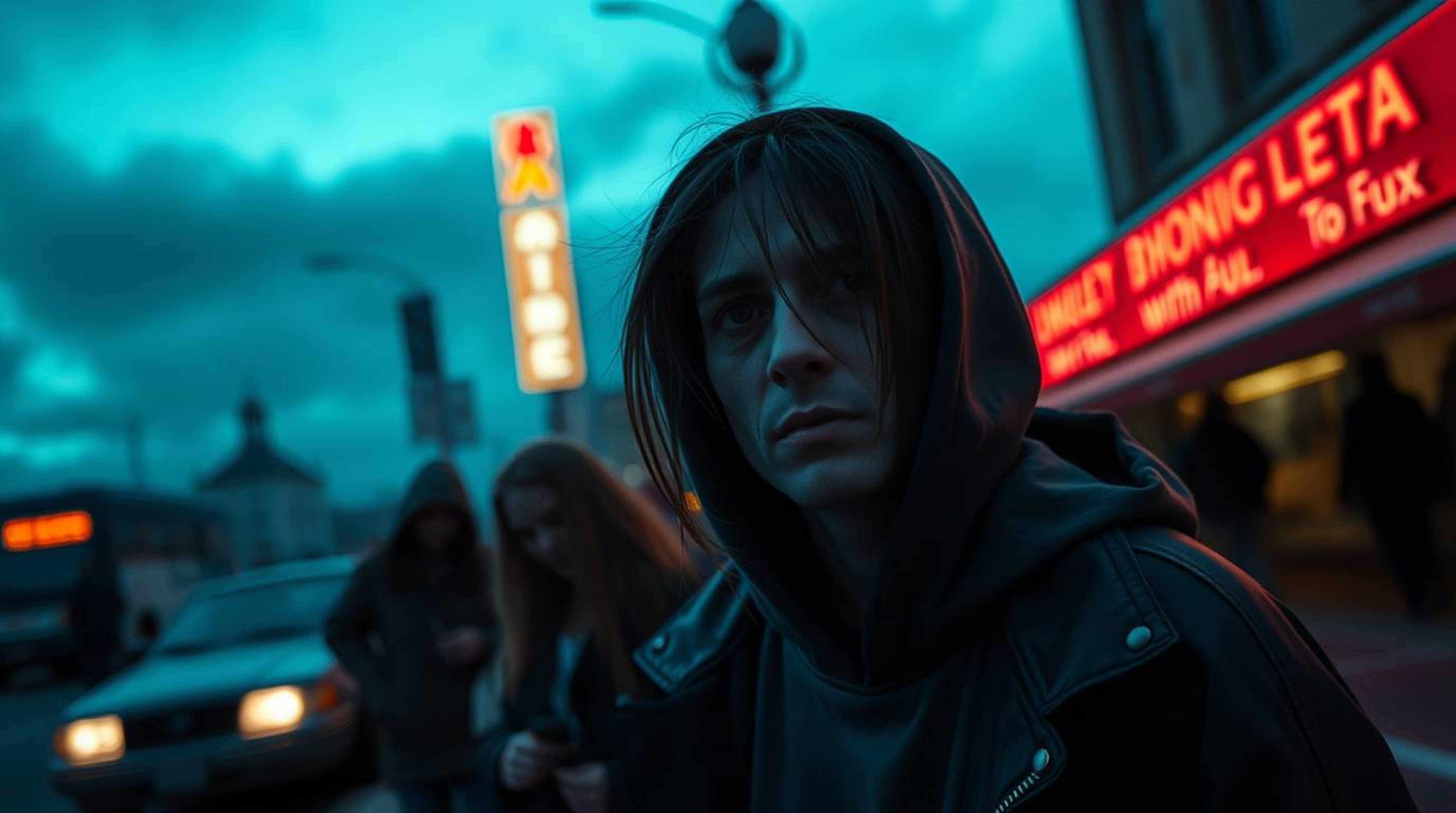A candid street photograph captures an eerie and creepy atmosphere within an urban setting. The scene is dominated by gradien