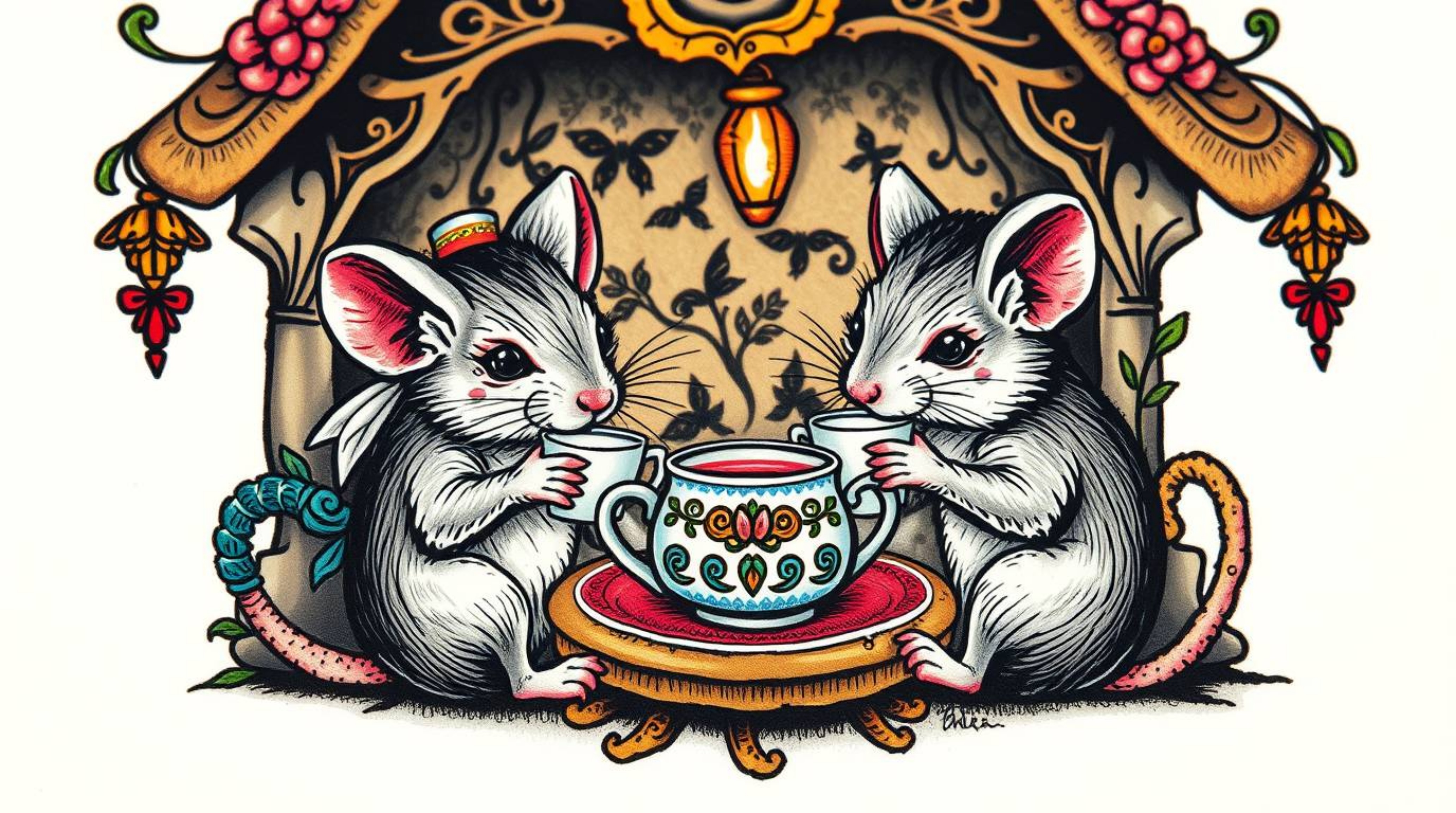 This vibrant tattoo art print features an extreme macro close-up of anthropomorphic mice enjoying tea in a cozy cottage.  The