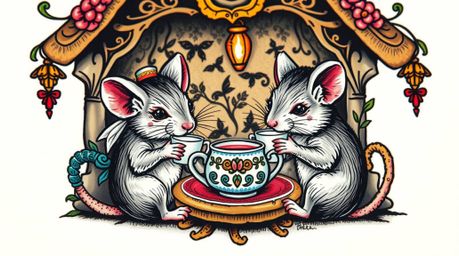 This vibrant tattoo art print features an extreme macro close-up of anthropomorphic mice enjoying tea in a cozy cottage.  The