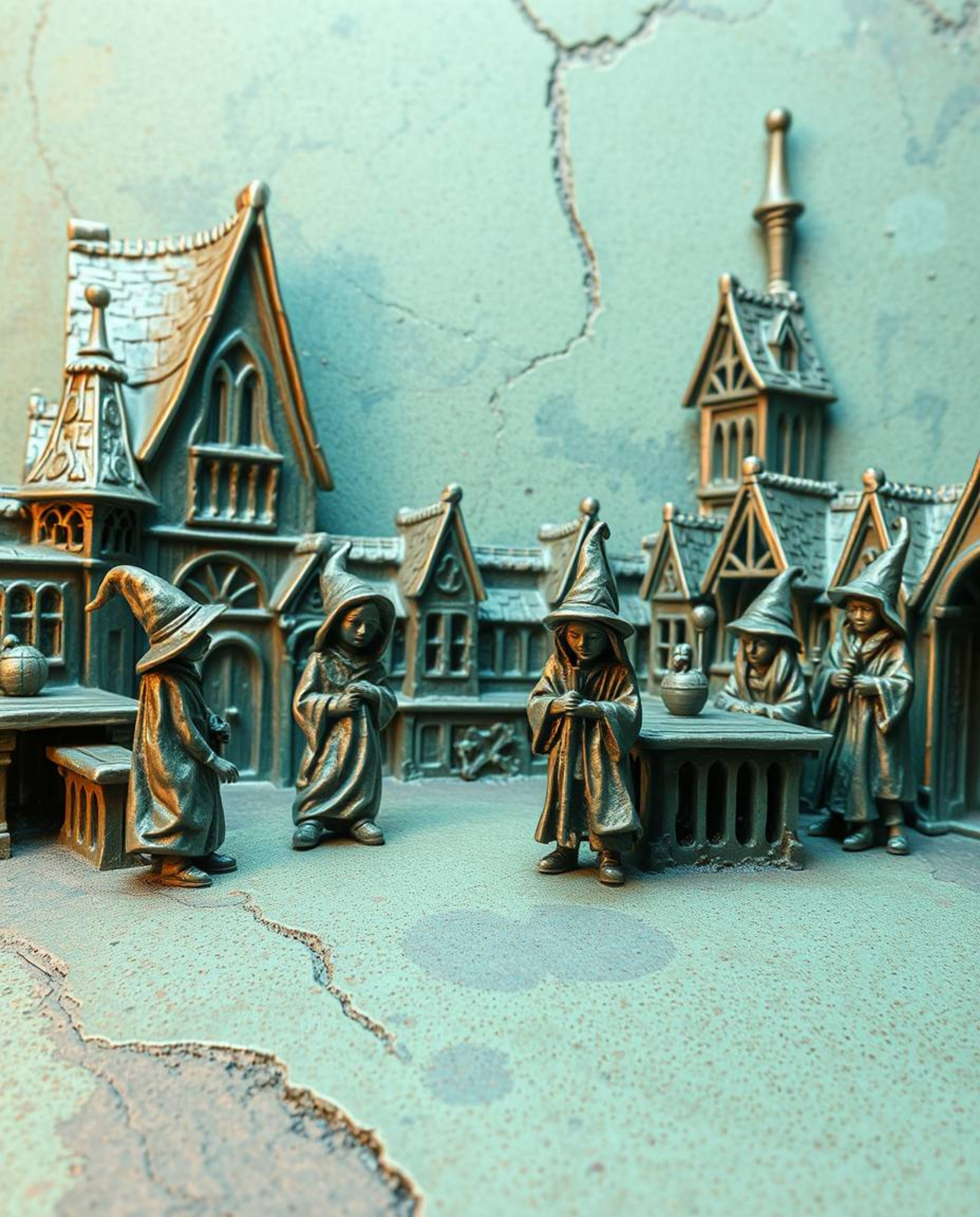 Discover a captivating image of a magical school brimming with young wizards, rendered in soft pastel colors on a cast bronze
