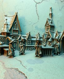 Discover a captivating image of a magical school brimming with young wizards, rendered in soft pastel colors on a cast bronze