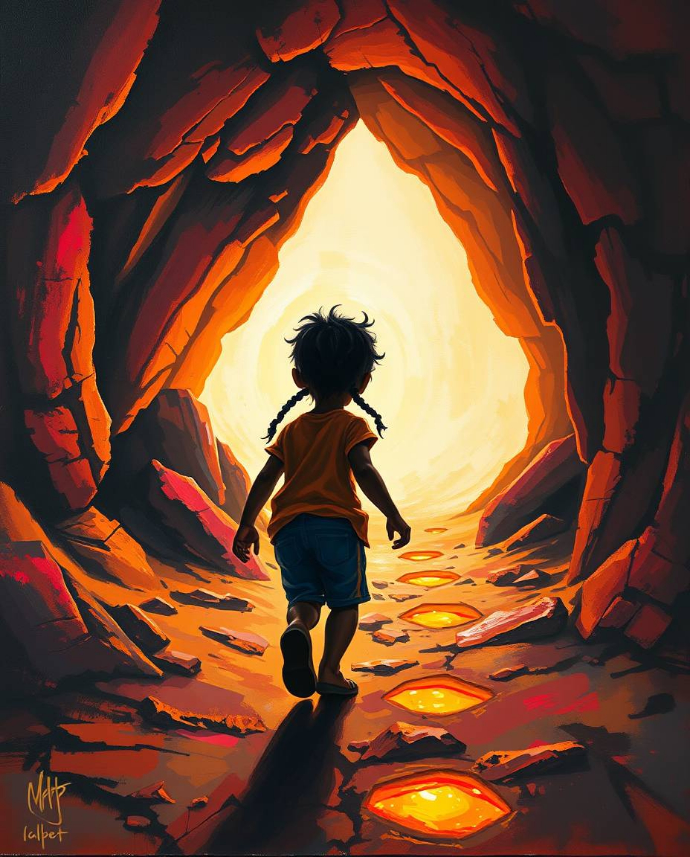 A bold acrylic painting depicts a child with dark skin and braided hair venturing into a cave, guided by glowing footsteps. T