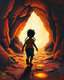 A bold acrylic painting depicts a child with dark skin and braided hair venturing into a cave, guided by glowing footsteps. T