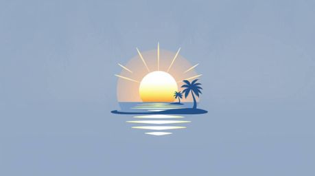 A captivating geometric logo design evokes a serene tropical beach sunset.  Clean lines and symmetrical elements create a bal