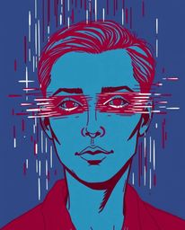 A captivating digital artwork showcasing a human face undergoing a mesmerizing transformation into a data stream, rendered in