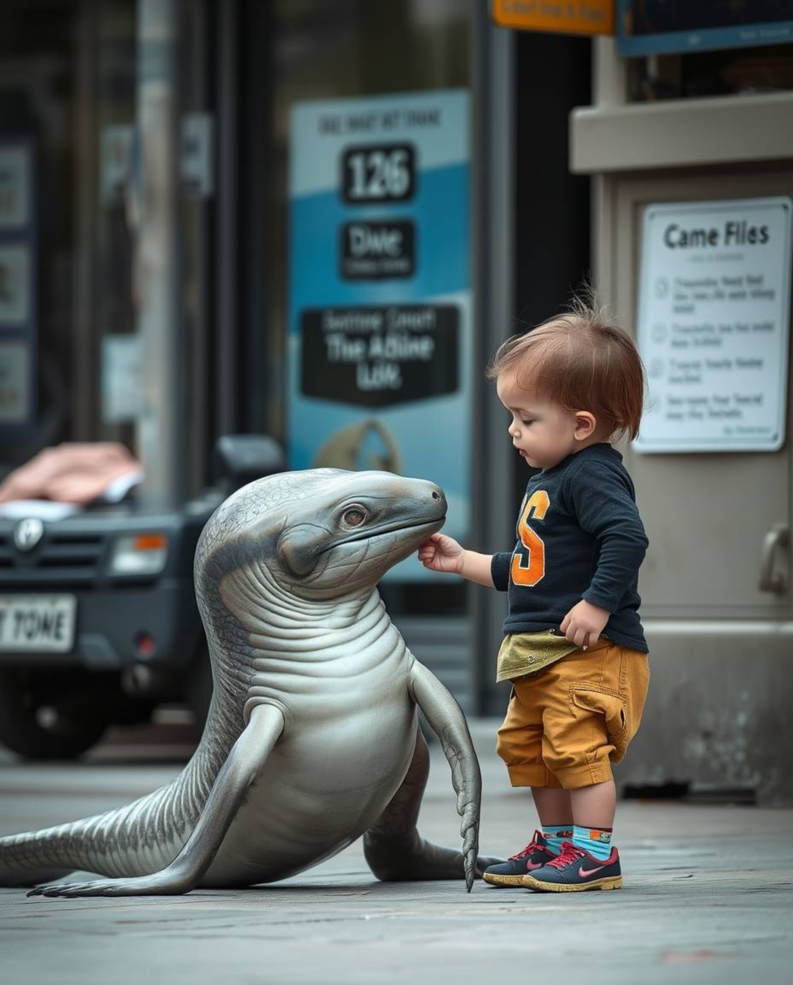 A captivating candid street photograph captures a heartwarming moment between a graceful sea creature and a child in an urban