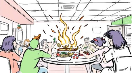 A whimsical hand-drawn sketch depicts a gentle and soothing food fight in a cartoon cafeteria.  Created in a soft pastel sket