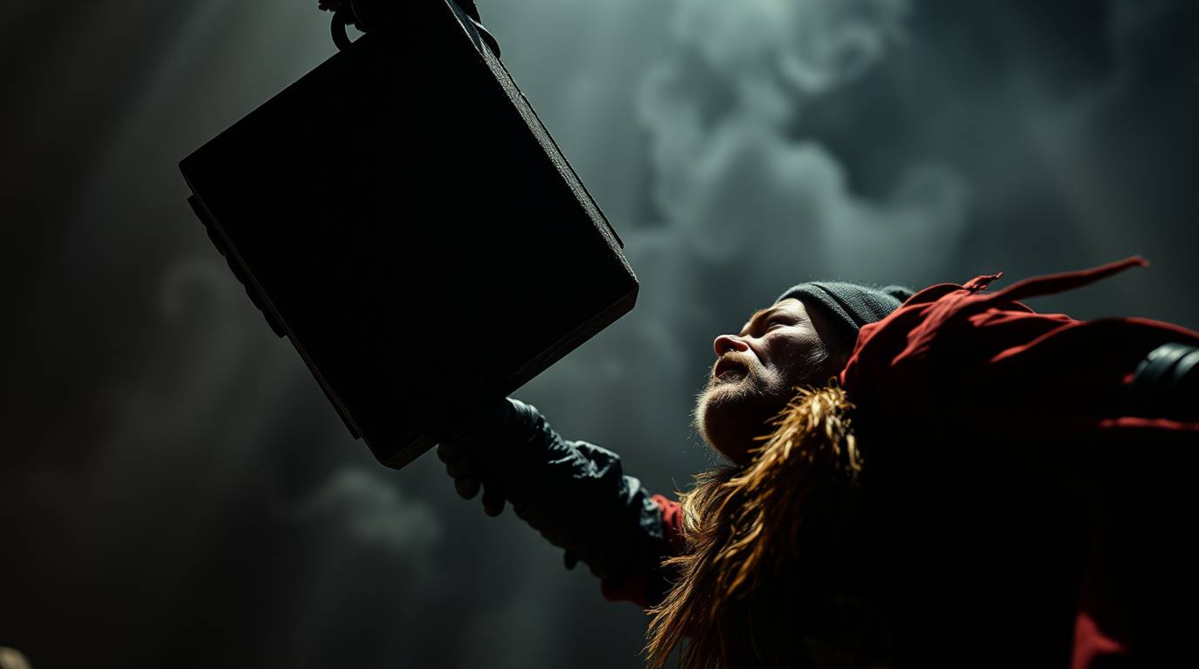 A dramatic cinematic style image capturing the intense moment an anvil is about to fall on a trickster character. The image f