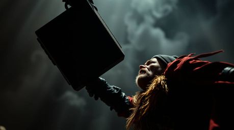 A dramatic cinematic style image capturing the intense moment an anvil is about to fall on a trickster character. The image f