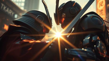 A captivating close-up shot depicts an intense clash between a samurai and a robot in a dystopian world.  Bright lens flares 