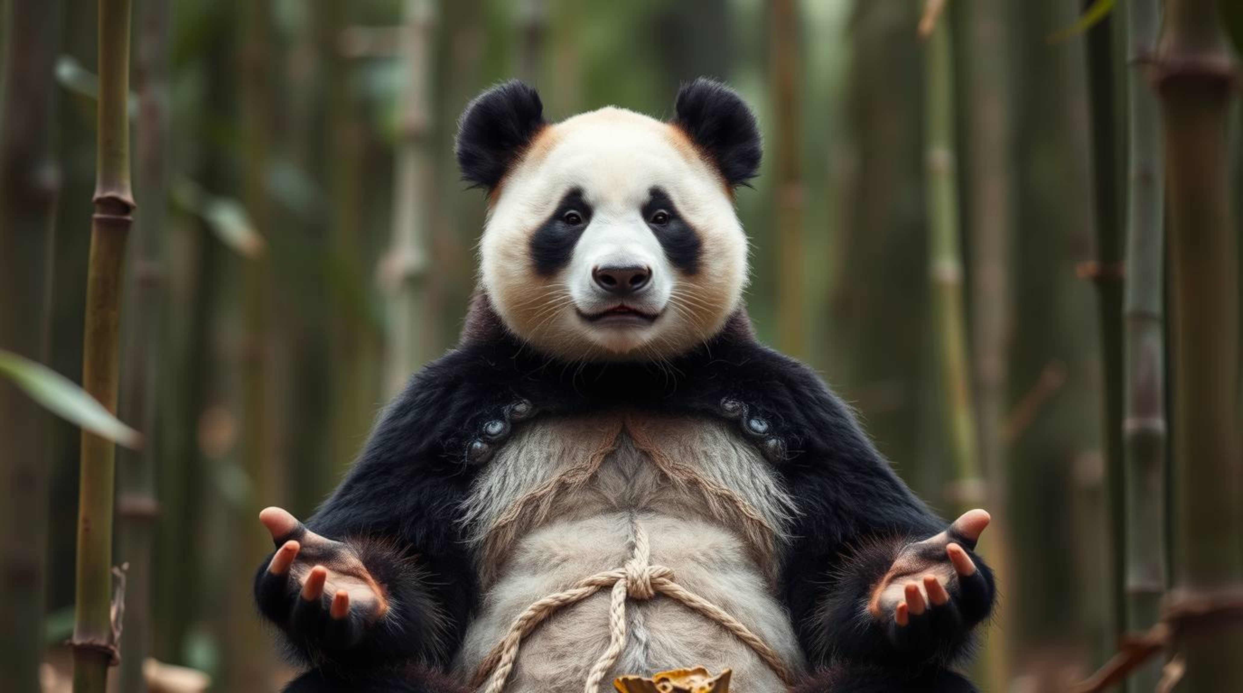High-resolution stock photo showcasing a meditating panda martial artist in a serene bamboo forest. The image features a shar