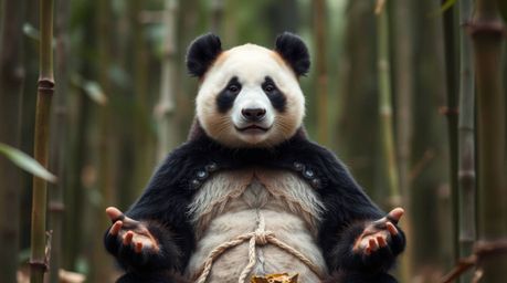 High-resolution stock photo showcasing a meditating panda martial artist in a serene bamboo forest. The image features a shar