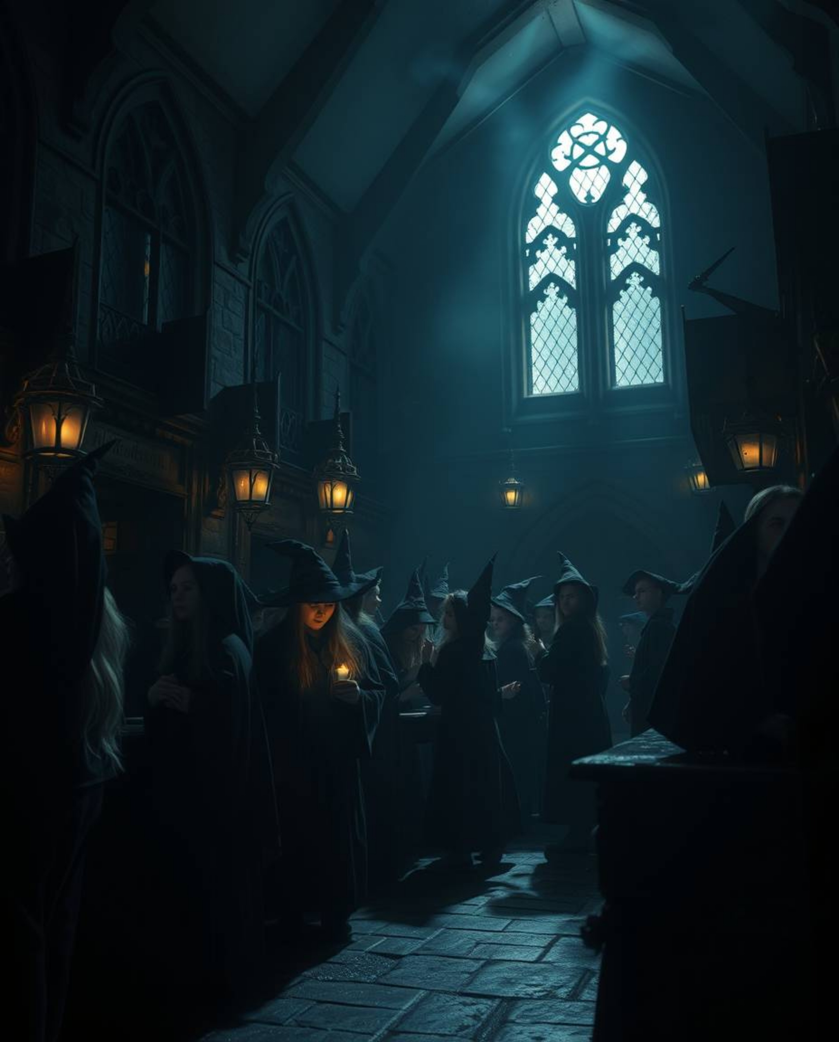 Step into a magical school brimming with young wizards, bathed in contrasting chiaroscuro lighting that creates an eerie and 