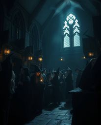 Step into a magical school brimming with young wizards, bathed in contrasting chiaroscuro lighting that creates an eerie and 