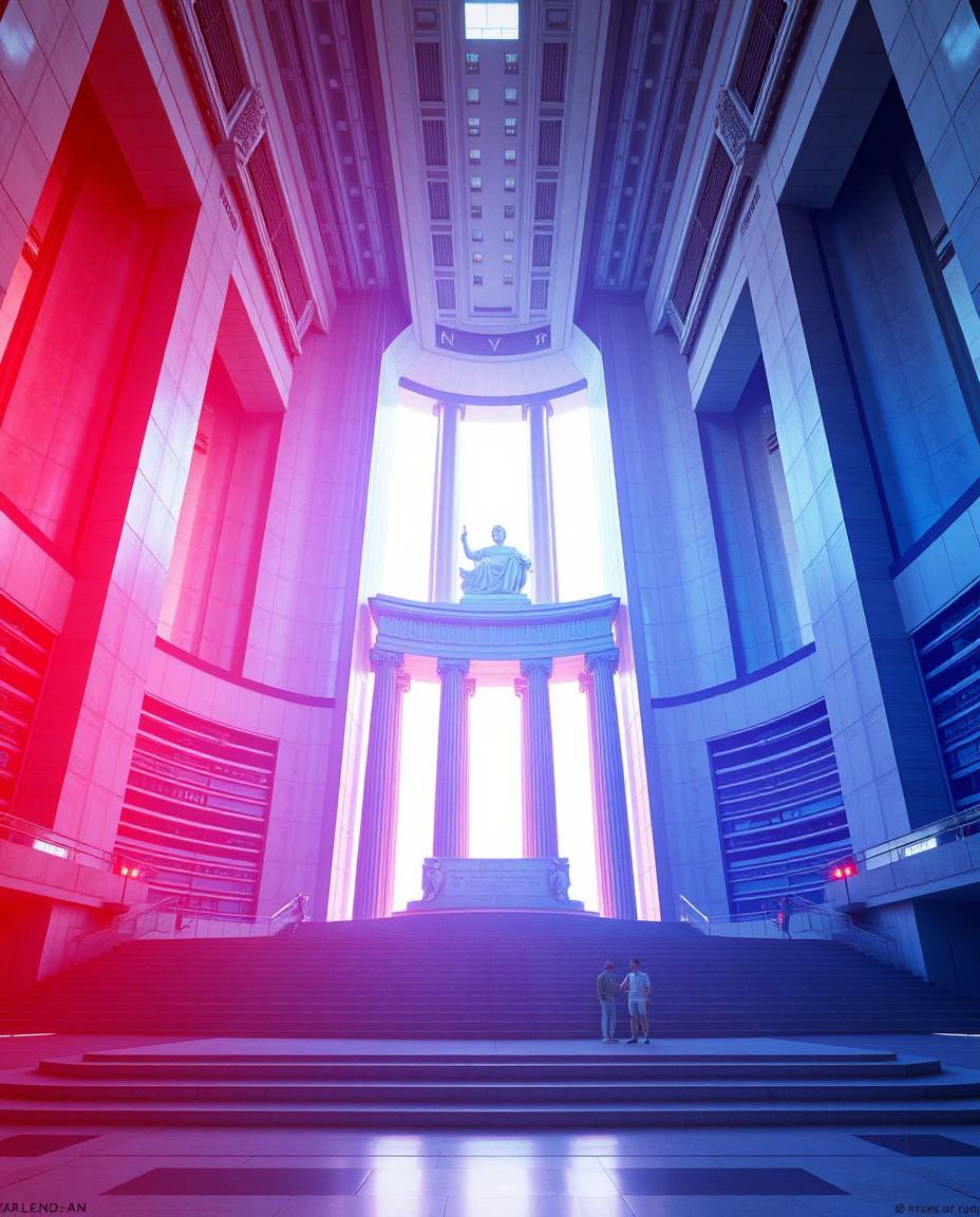A breathtaking architectural photograph showcases a massive, heroic modern futuristic scene.  A classical sculpture takes cen