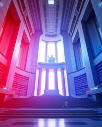 A breathtaking architectural photograph showcases a massive, heroic modern futuristic scene.  A classical sculpture takes cen