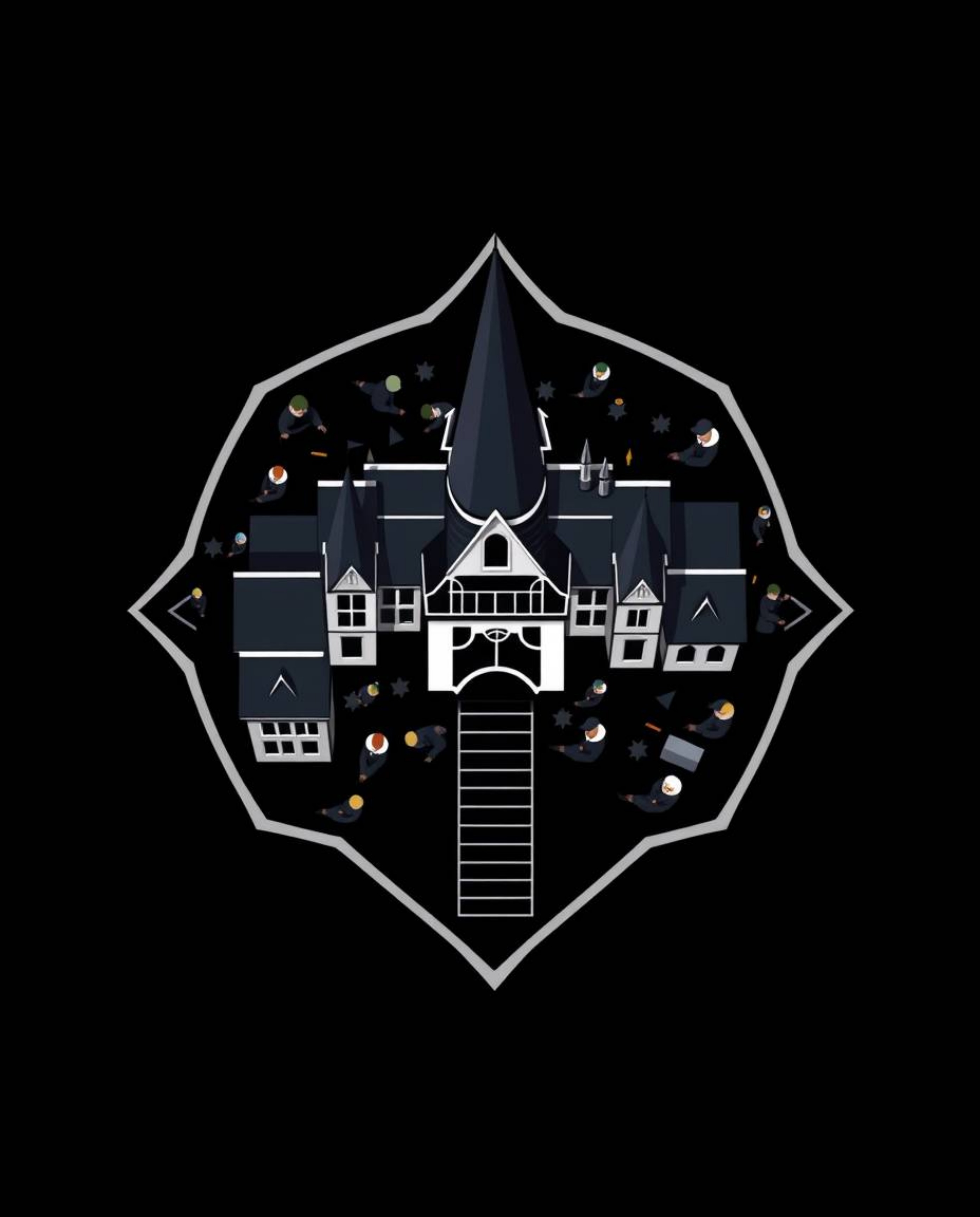 This logo concept depicts a magical school filled with young wizards, rendered as an intense jet-black, overhead bird's-eye v