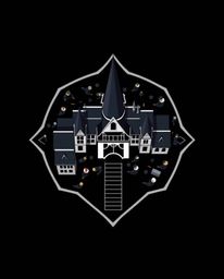This logo concept depicts a magical school filled with young wizards, rendered as an intense jet-black, overhead bird's-eye v