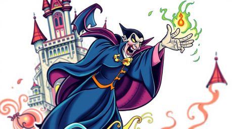 A dynamic illustration of a classic Disney villain casting a spell within a detailed castle setting. The artwork features vi
