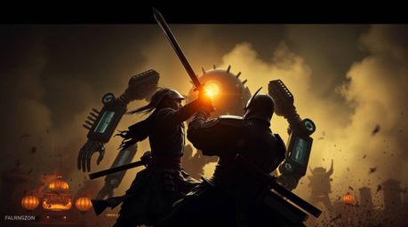 Witness an epic clash of eras as a valiant samurai heroically confronts a menacing robot in a gritty dystopian future. This g