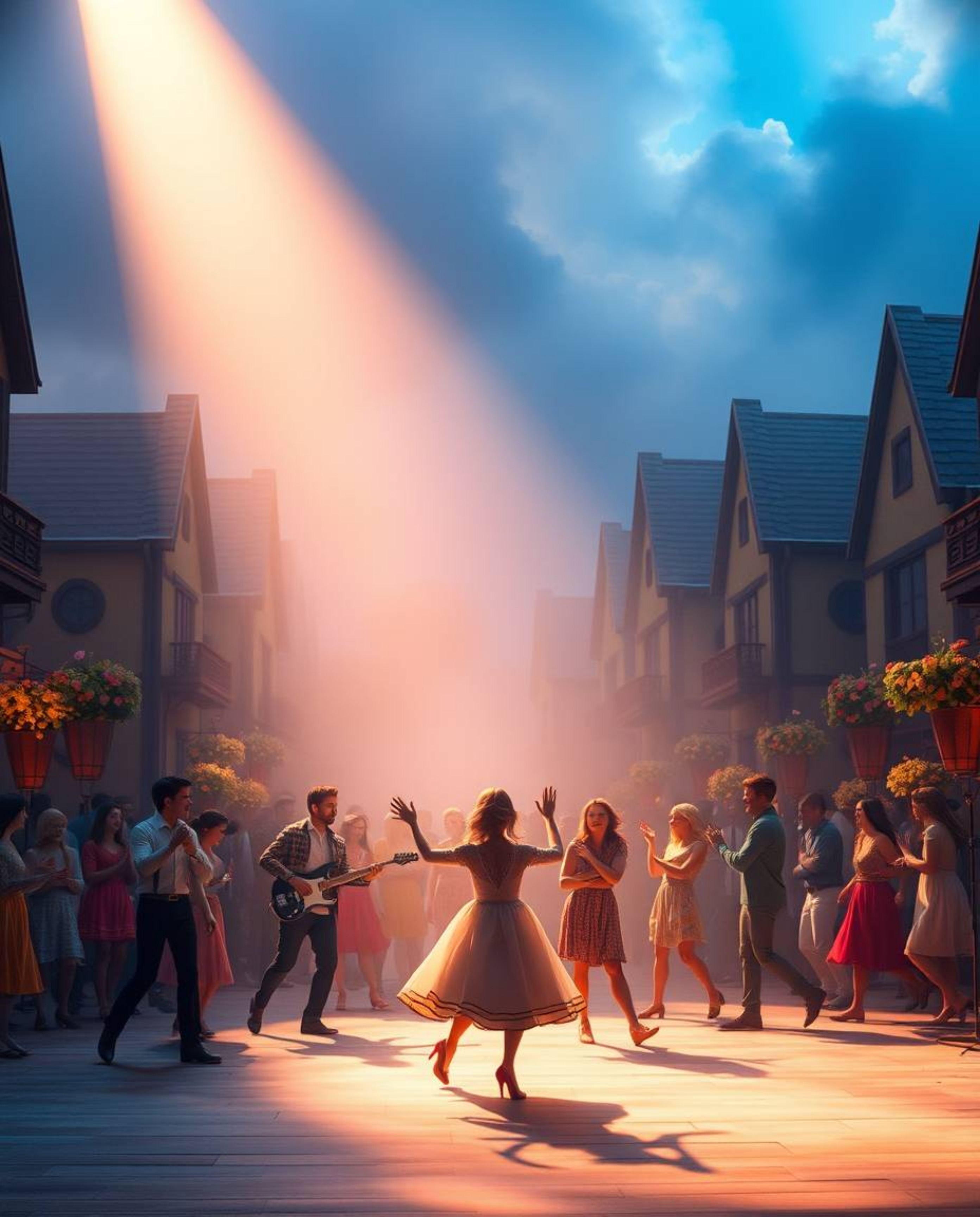 Experience a vibrant musical number set in a bright town square.  This captivating scene features stunning volumetric lightin