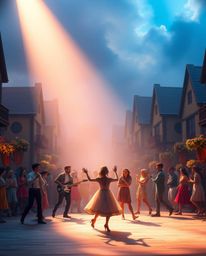 Experience a vibrant musical number set in a bright town square.  This captivating scene features stunning volumetric lightin