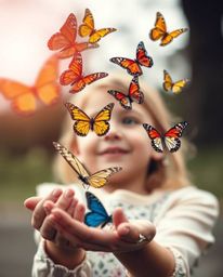 A stunning fine art photograph depicts a girl gently releasing butterflies into the air.  The image showcases vibrant complem