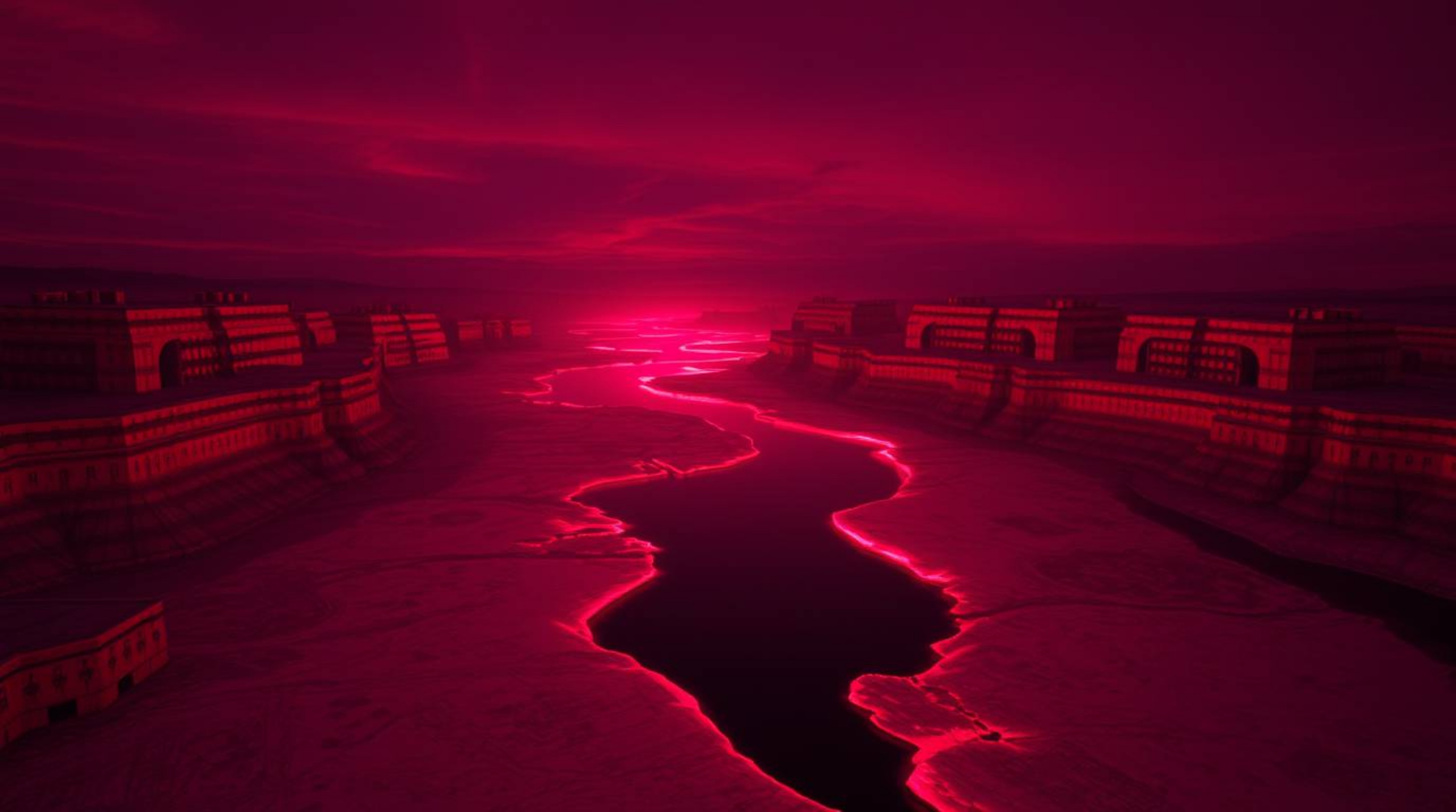 Experience a surreal river delta aglow in the twilight, rendered in captivating infrared tones. Its otherworldly appearance i