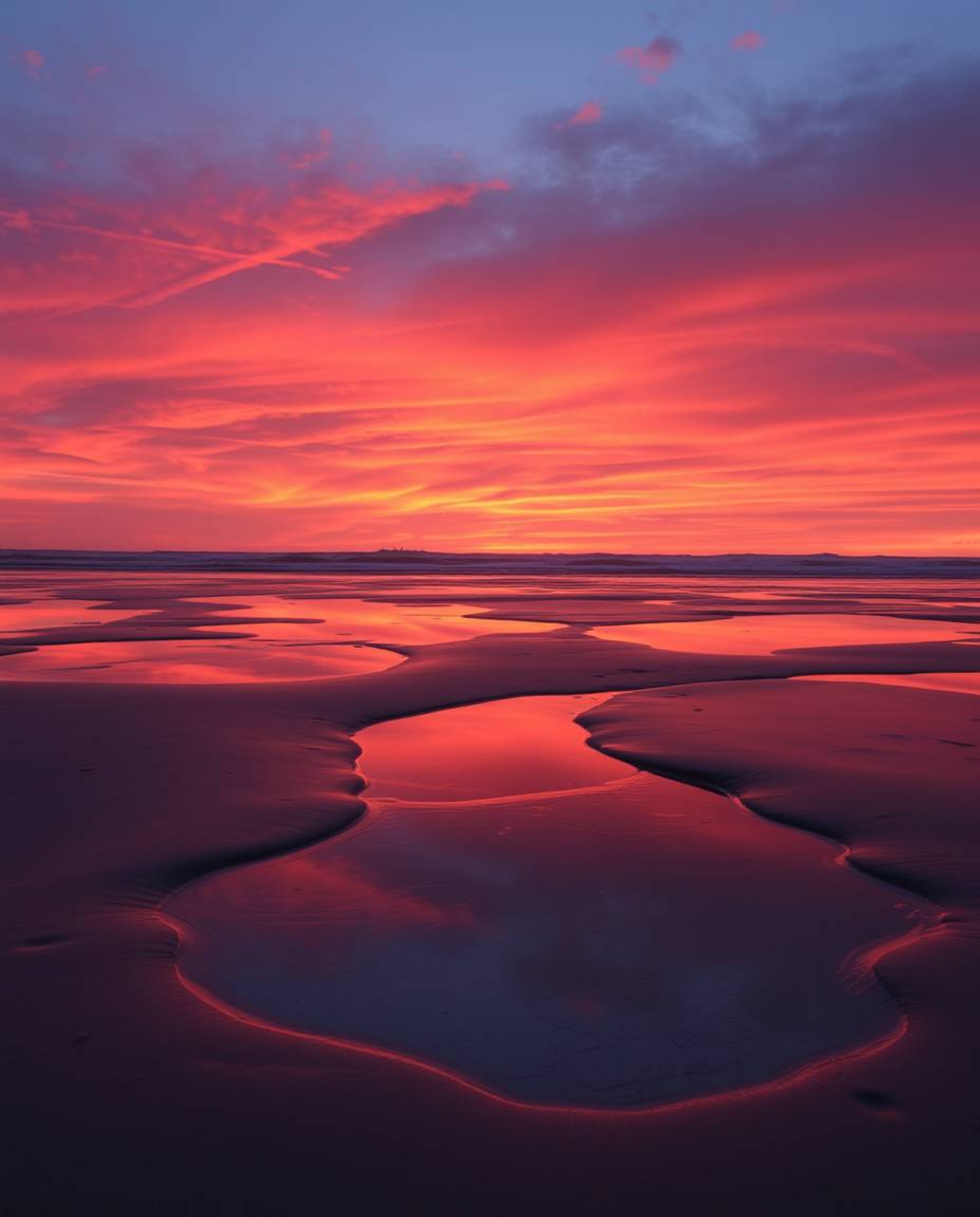 A high-resolution stock photo captures a warm sunset sky mirrored in tidal pools on the beach. The image is dominated by a st