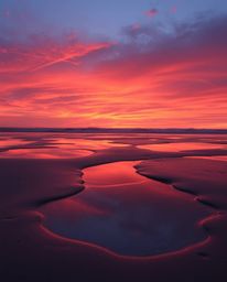 A high-resolution stock photo captures a warm sunset sky mirrored in tidal pools on the beach. The image is dominated by a st