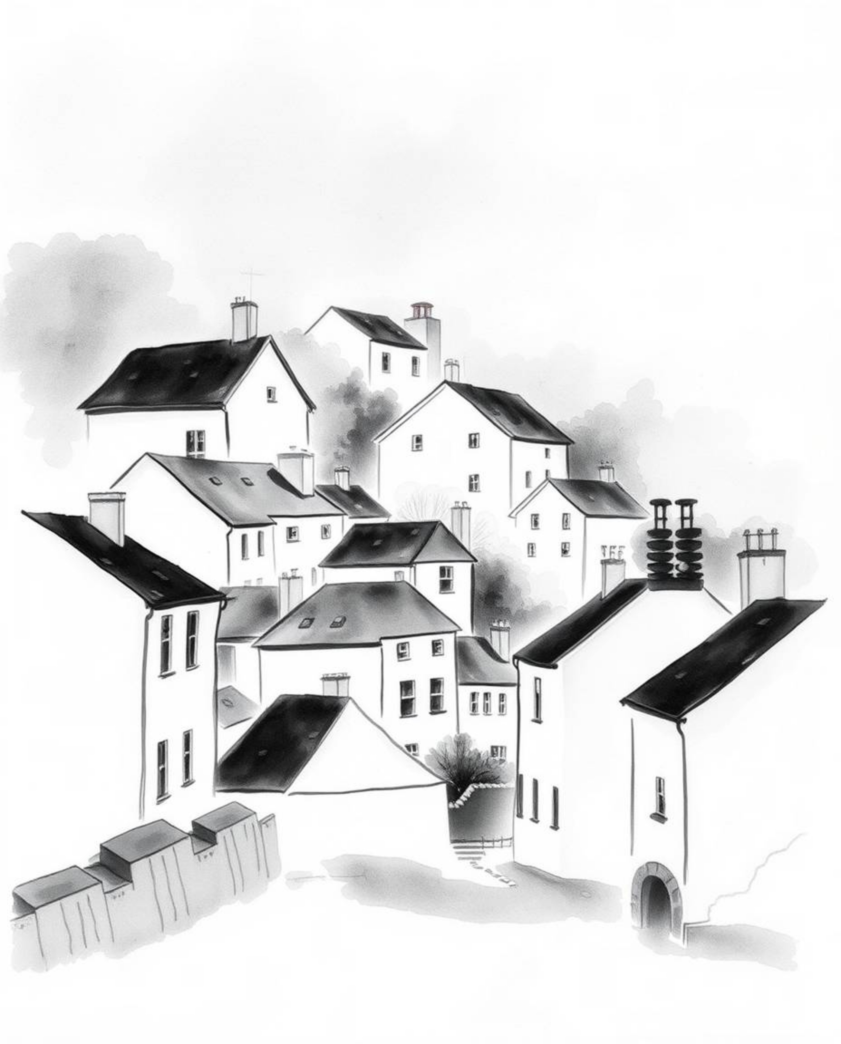 Discover a timeless elegance in this classic black and white watercolor painting of a sleepy town.  Pastel-colored houses are