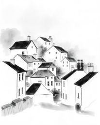 Discover a timeless elegance in this classic black and white watercolor painting of a sleepy town. Pastel-colored houses are