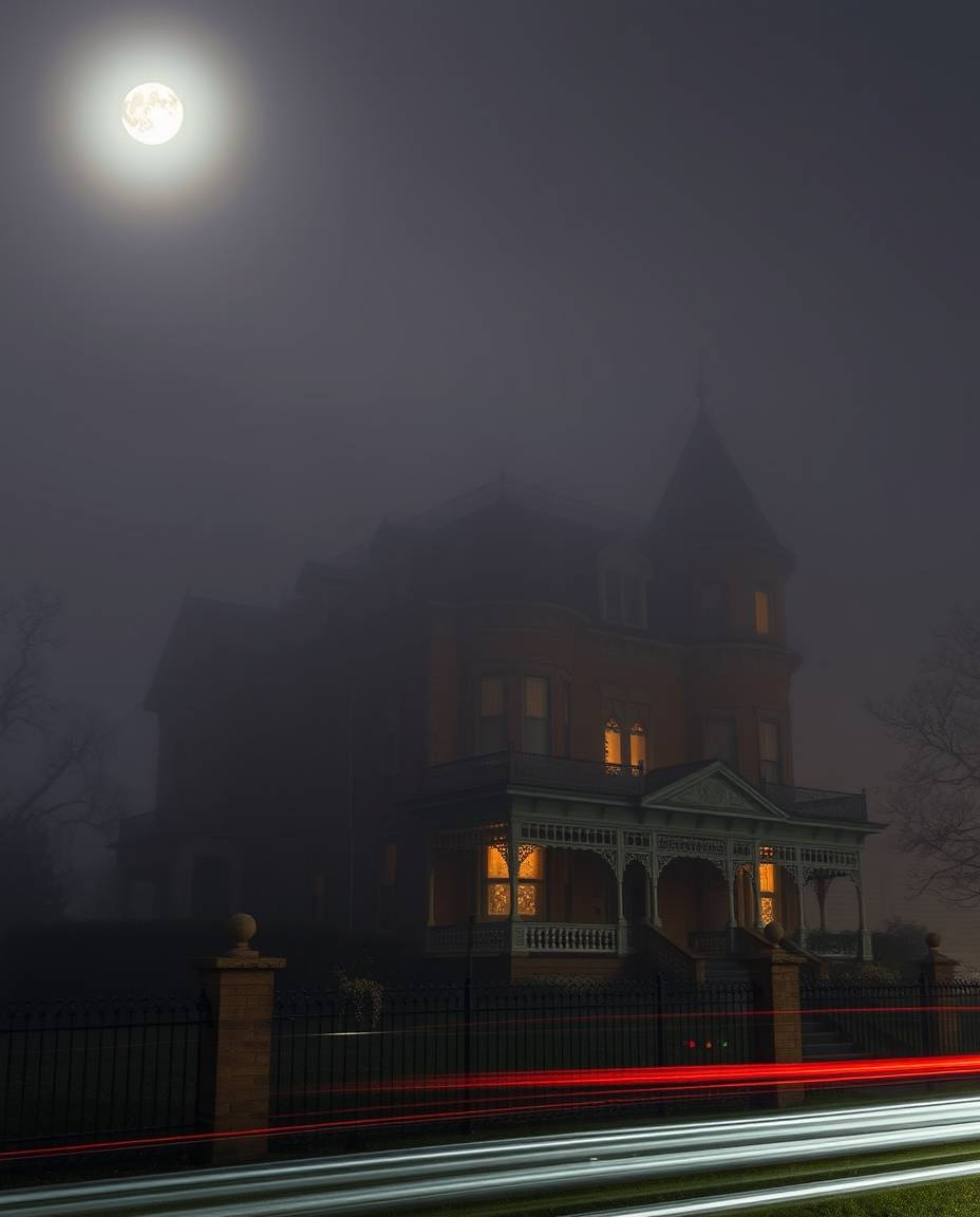 Capture the eerie beauty of a fog-covered Victorian mansion bathed in moonlight with this long-exposure photograph. The image