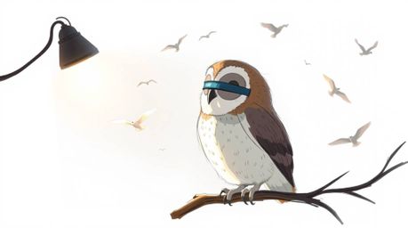 This image depicts a gentle, soft light illuminating a hand-drawn color sketchnote of a blind owl, rendered in a Pixar style.