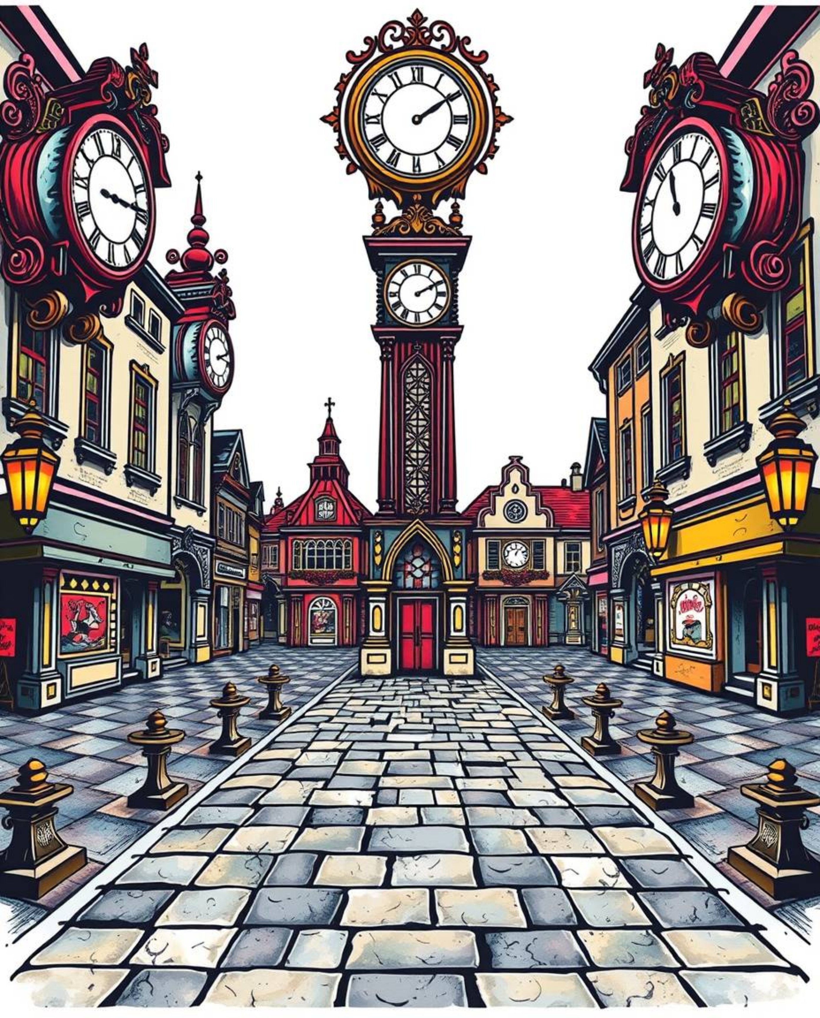 Explore a striking symbolic traditional tattoo art print featuring an empty town square with ticking clocks, rendered in vibr