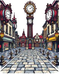 Explore a striking symbolic traditional tattoo art print featuring an empty town square with ticking clocks, rendered in vibr