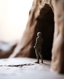 Captivating sculptural clay art depicts a person standing at the edge of a tunnel, their gaze fixed on the light. The piece f