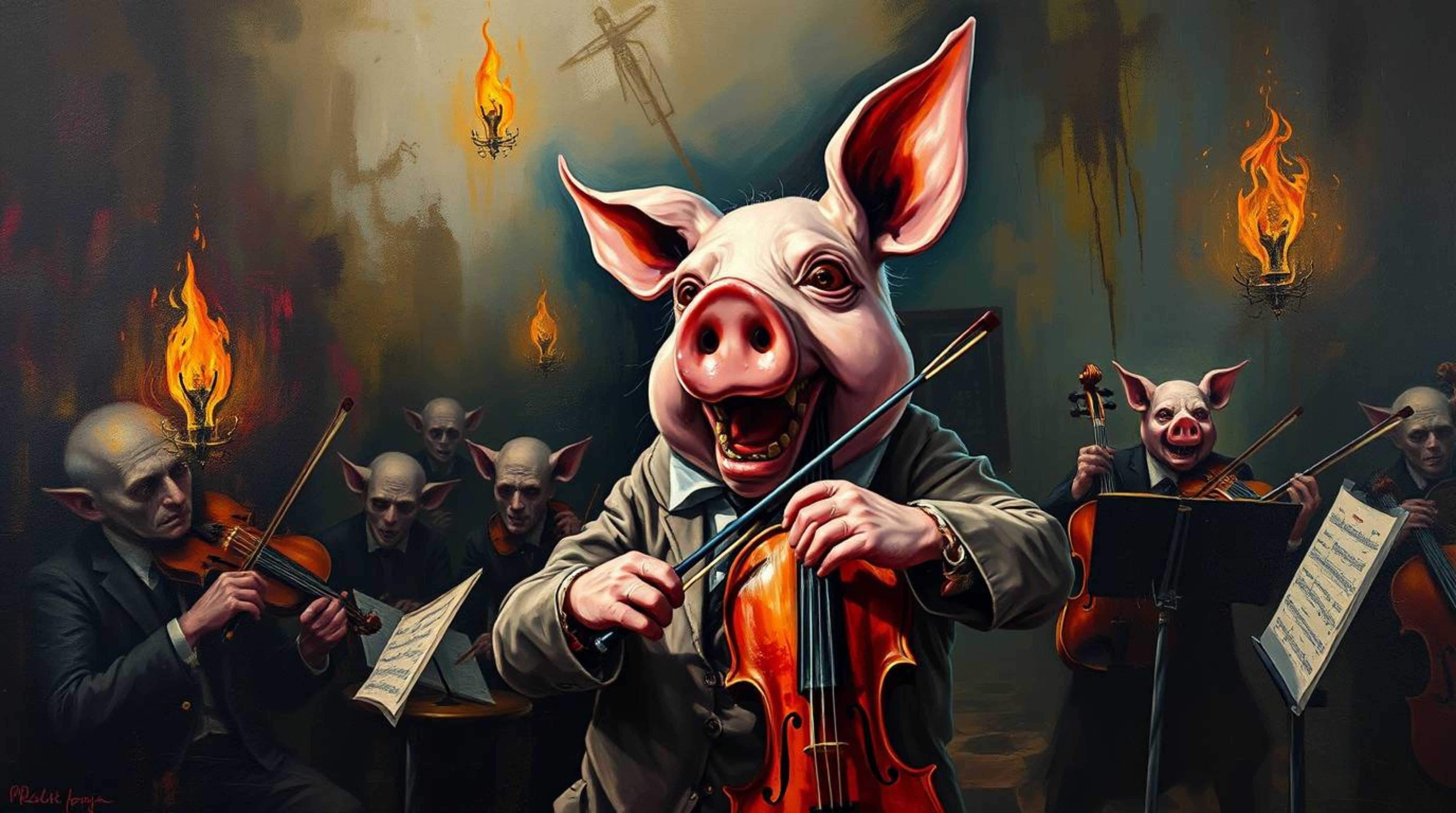 A bold and unsettling acrylic painting depicts a pig character dramatically conducting an orchestra. The artwork features dar