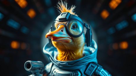 This image showcases a futuristic, sci-fi style close-up of a duck wearing a zany superhero costume. The image emphasizes det