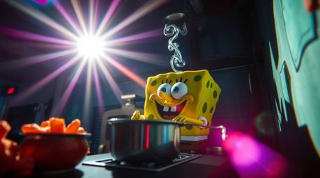 A captivating long-exposure photograph features a sponge character immersed in the act of cooking within an underwater kitche