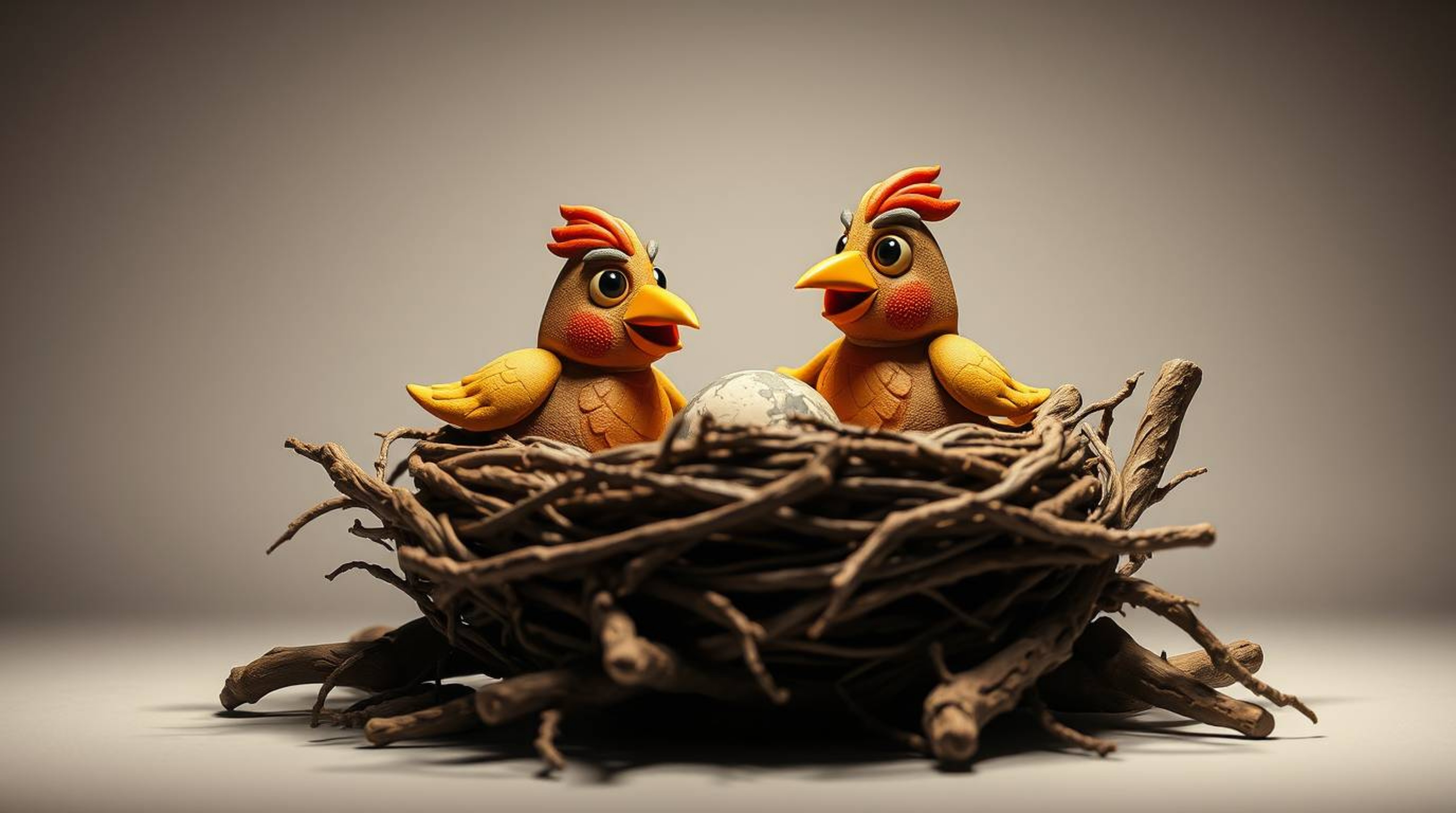 This artwork features a sculptural clay depiction of two cartoon birds diligently building a nest. Created in a classic anima