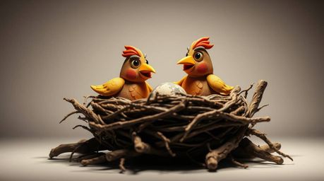 This artwork features a sculptural clay depiction of two cartoon birds diligently building a nest. Created in a classic anima
