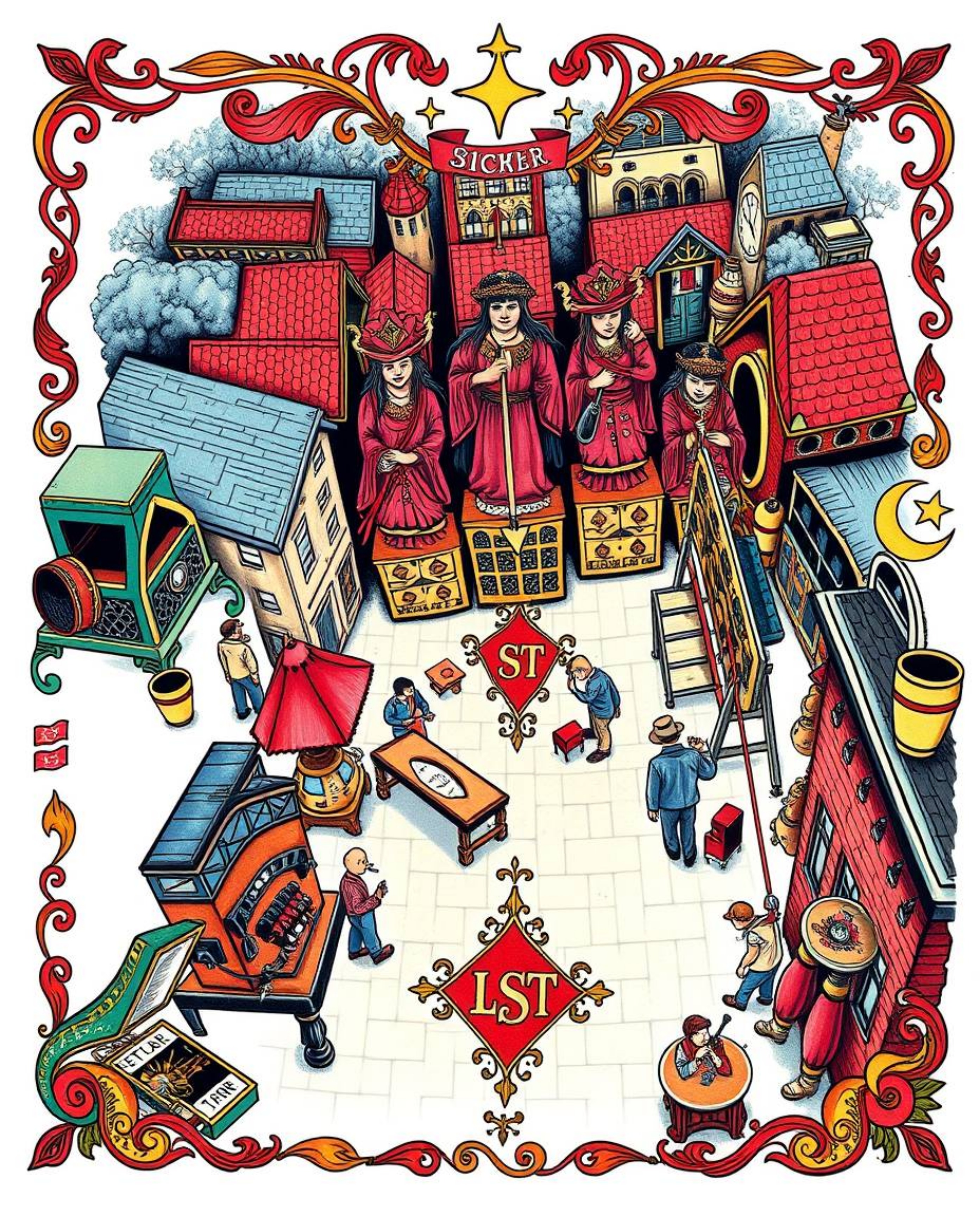 A high-angle perspective showcases a symbolic traditional tattoo art print depicting a vibrant musical number in a bright tow