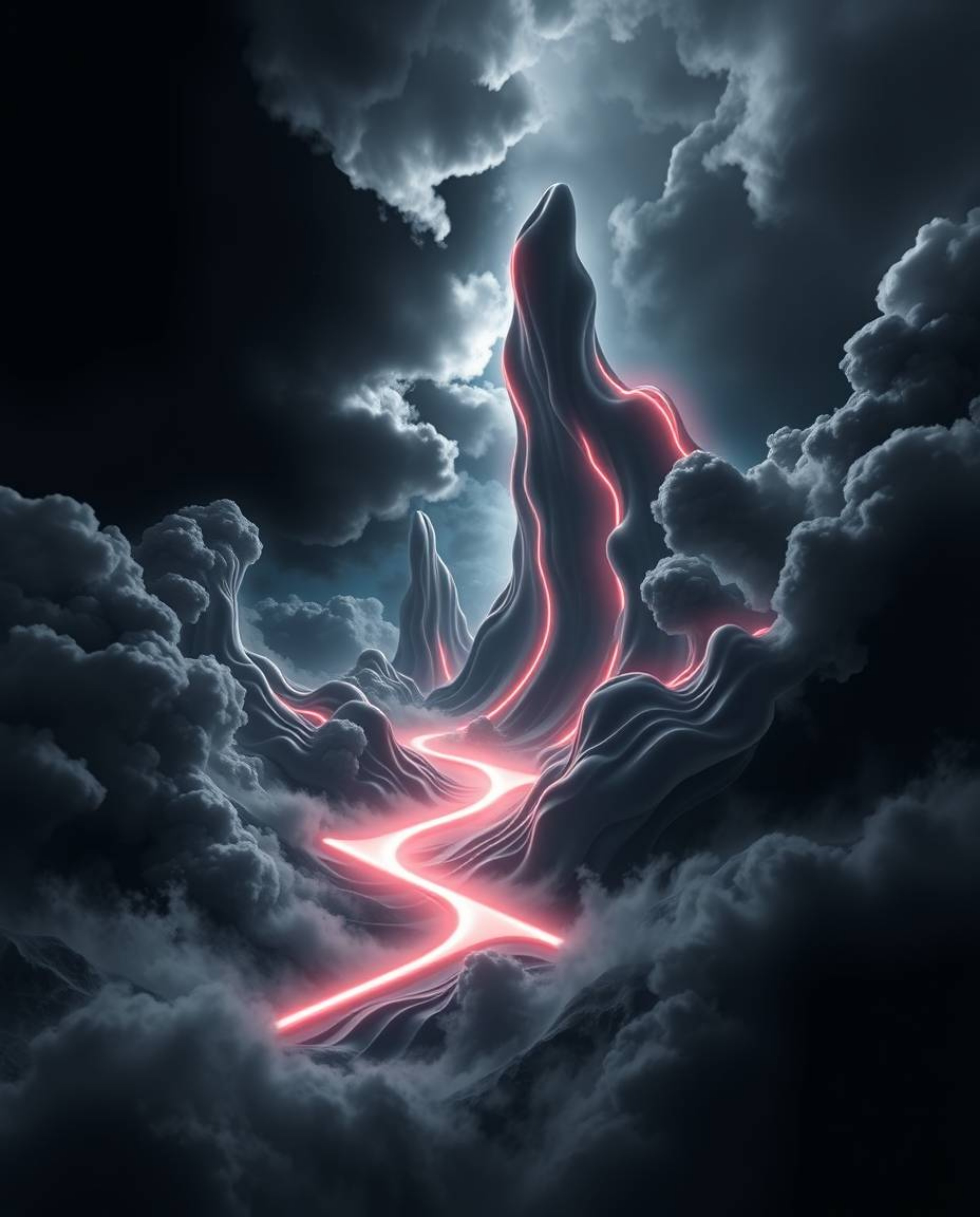 Explore a dramatic black and white image showcasing futuristic 3D fluid shapes with glowing edges, set against a captivating 